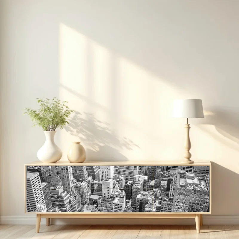 Repositionierbarer Aufkleber luftaufnahme einer städtischen skyline in schwarzweiß