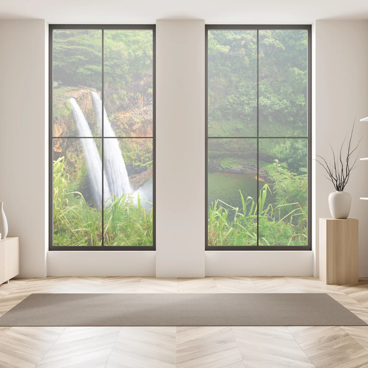 Fensteraufkleber doppelter wasserfall im üppig grünen wald Fensteraufkleber doppelter wasserfall im üppig grünen wald