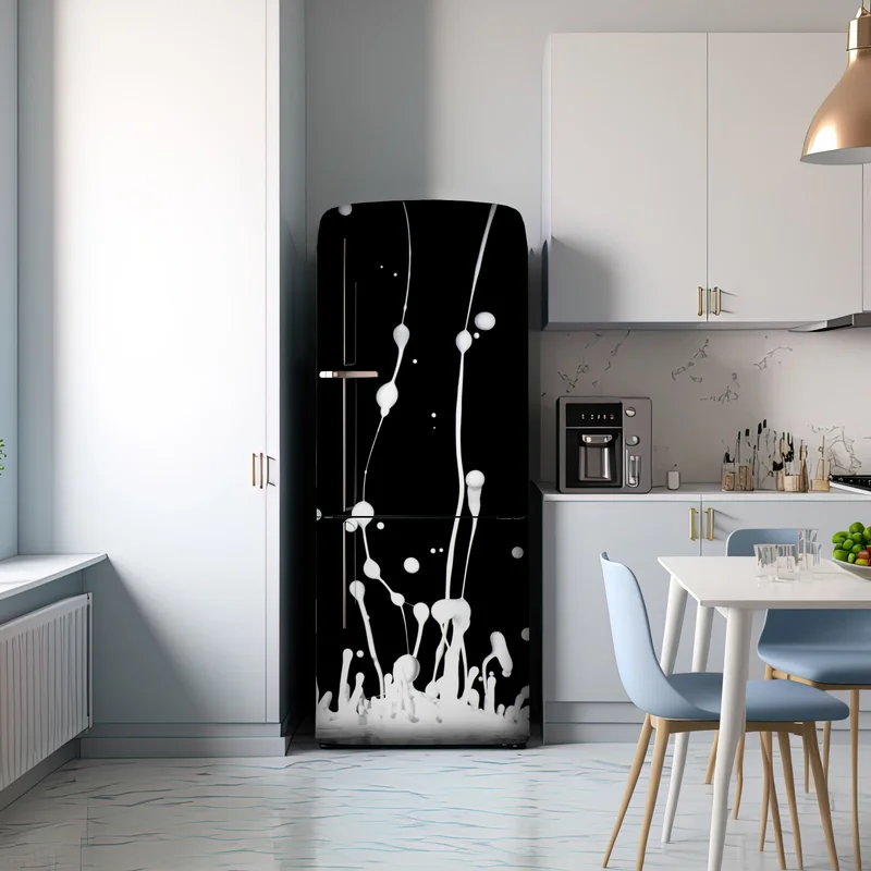 Kühlschrankaufkleber weiße flüssigkeitsspritzer auf schwarzem hintergrund Kühlschrankaufkleber weiße flüssigkeitsspritzer auf schwarzem hintergrund