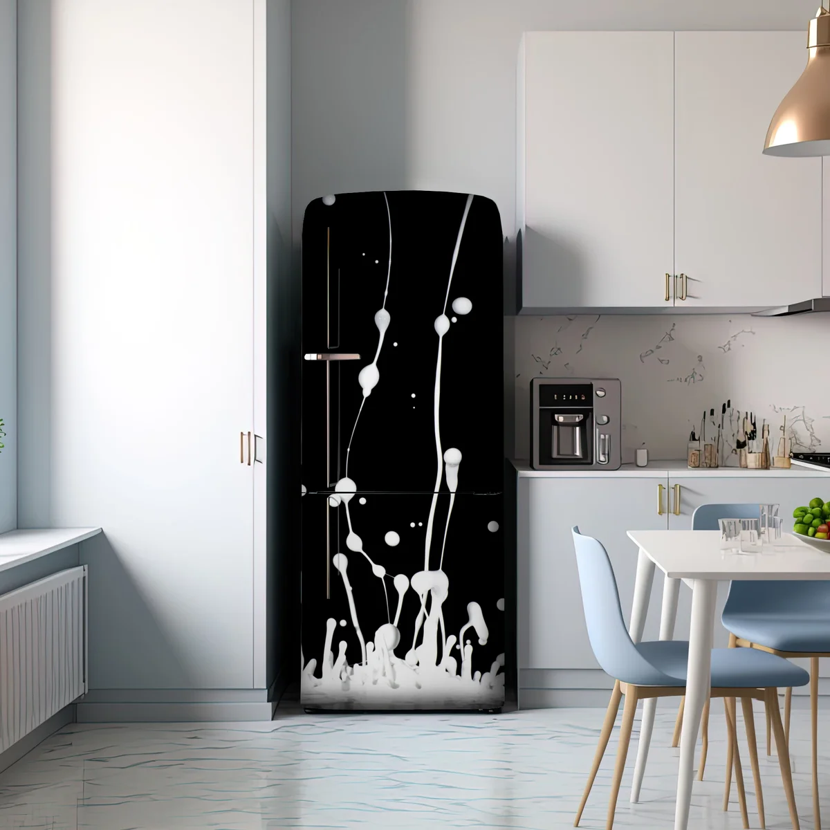 Kühlschrankaufkleber weiße flüssigkeitsspritzer auf schwarzem hintergrund Kühlschrankaufkleber weiße flüssigkeitsspritzer auf schwarzem hintergrund