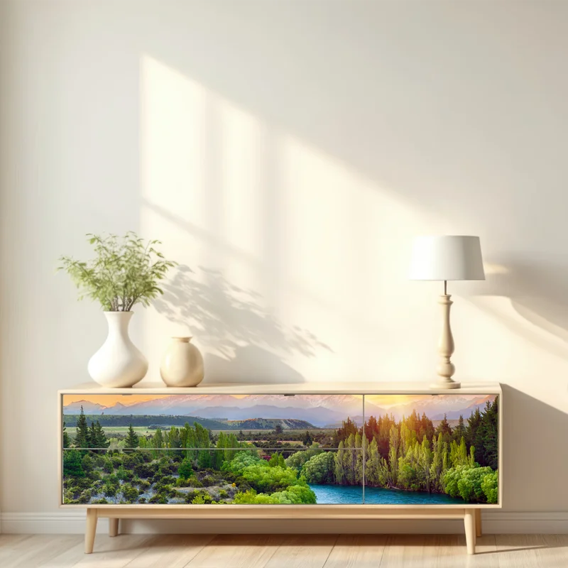 Repositionierbarer Aufkleber sonnenuntergang über dem Clutha River und den Südalpen