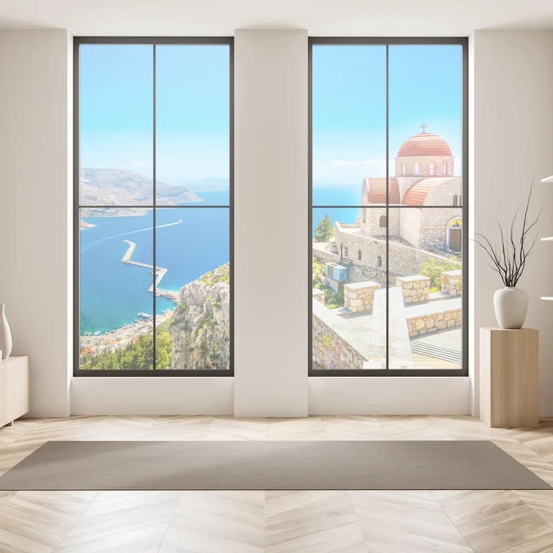 Naklejka na okno grecki kościół na klifie nad morzem