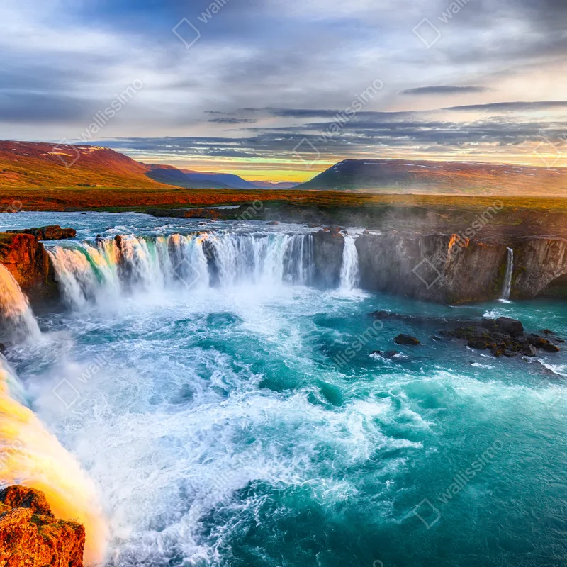 Fototapete Godafoss wasserfall bei sonnenaufgang Fototapete Godafoss wasserfall bei sonnenaufgang