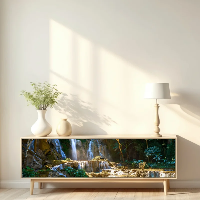 Repositionierbarer Aufkleber türkisfarbener wasserfall im üppigen wald