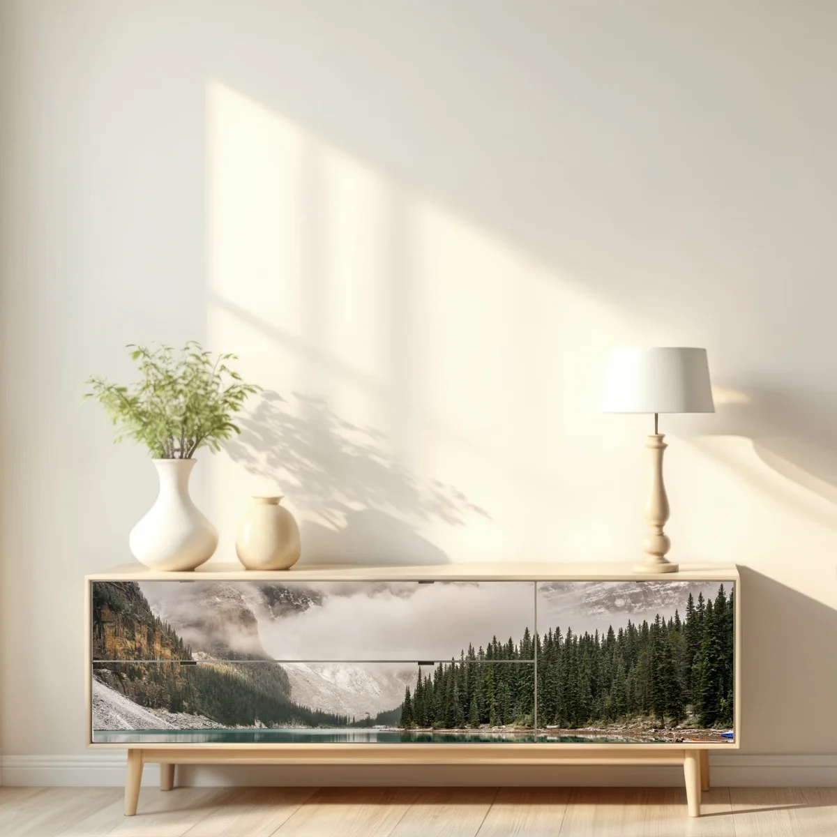 Repositionierbarer Aufkleber nebliger bergsee mit spiegelung Repositionierbarer Aufkleber nebliger bergsee mit spiegelung