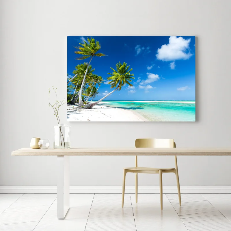 Leinwandbild tropischer strand mit palmen und türkisfarbenem wasser Leinwandbild tropischer strand mit palmen und türkisfarbenem wasser