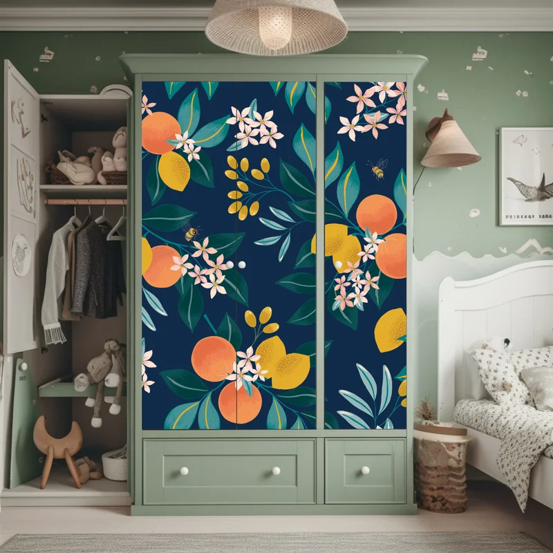 Schrankaufkleber botanisches zitronen- und orangenmuster auf marineblauem hintergrund Schrankaufkleber botanisches zitronen- und orangenmuster auf marineblauem hintergrund