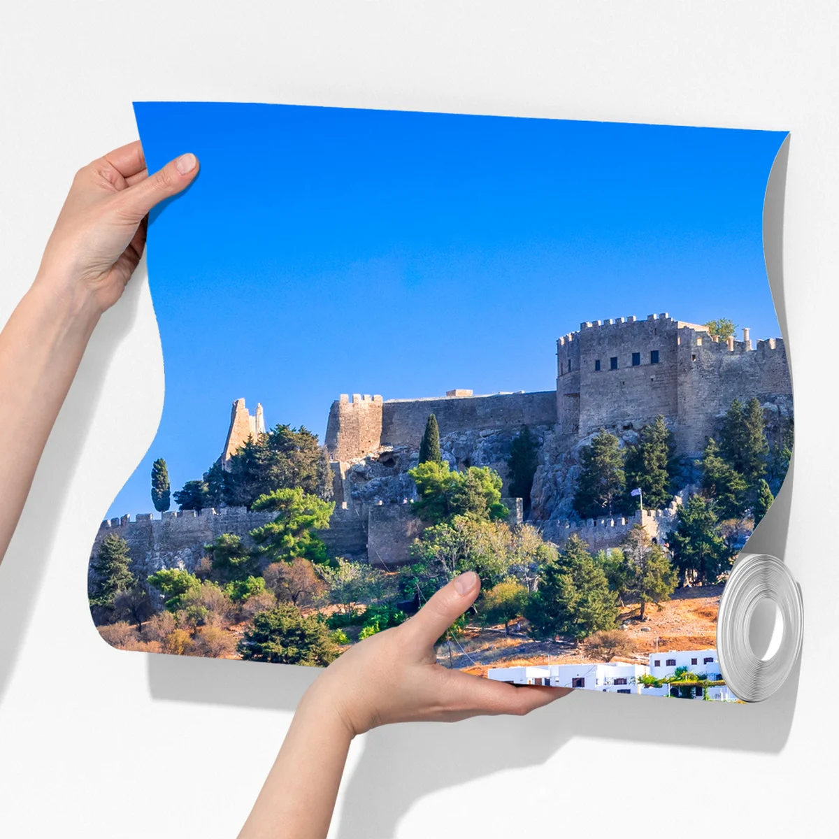 Fototapete Lindos: akropolis über dem weißen dorf, Rhodos Fototapete Lindos: akropolis über dem weißen dorf, Rhodos