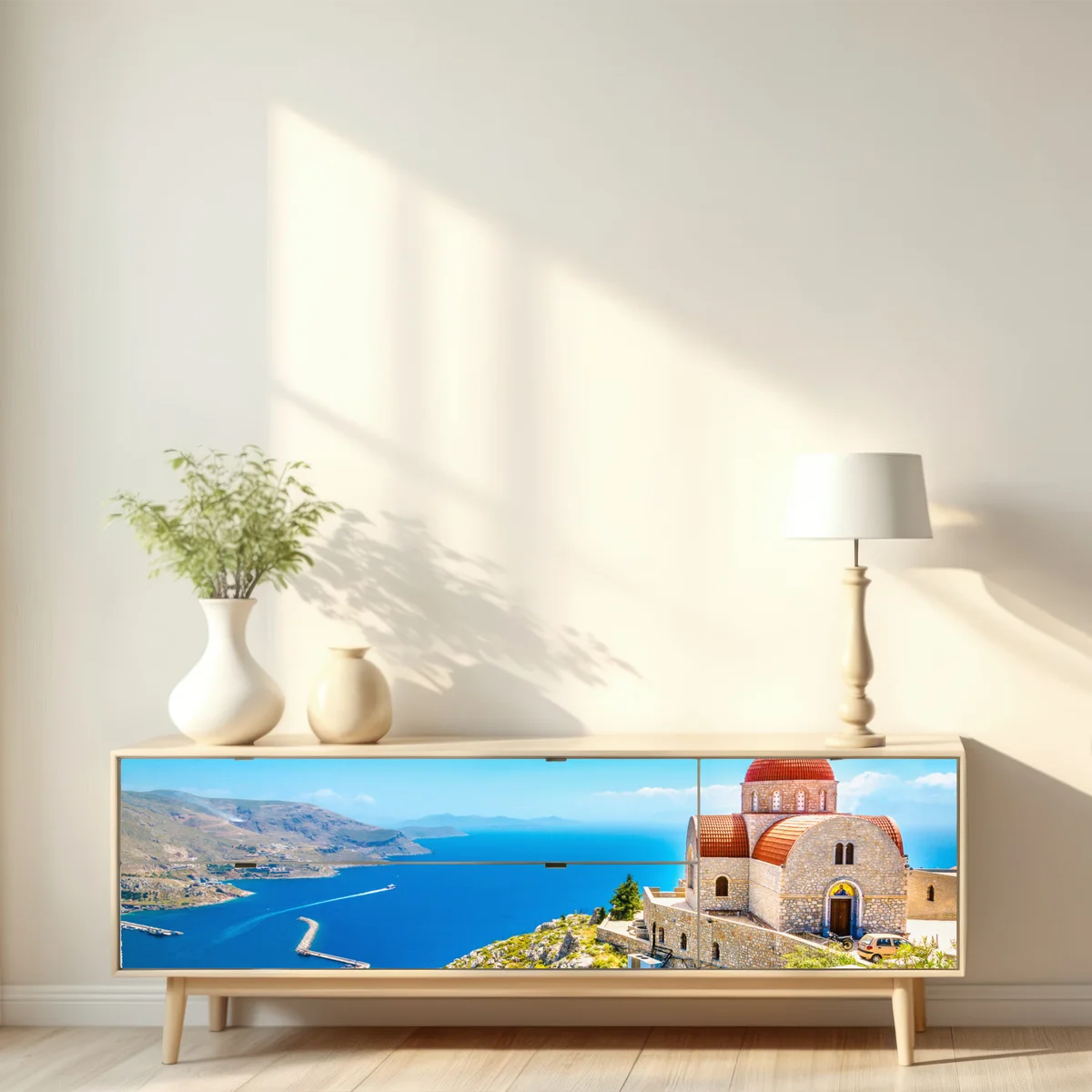 Repositionierbarer Aufkleber griechische kirche auf klippe über dem meer Repositionierbarer Aufkleber griechische kirche auf klippe über dem meer