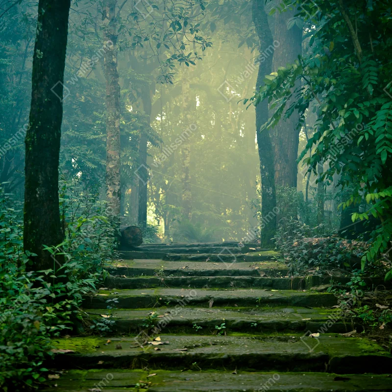 Poster moosbedeckte steintreppe in den nebligen wald Poster moosbedeckte steintreppe in den nebligen wald