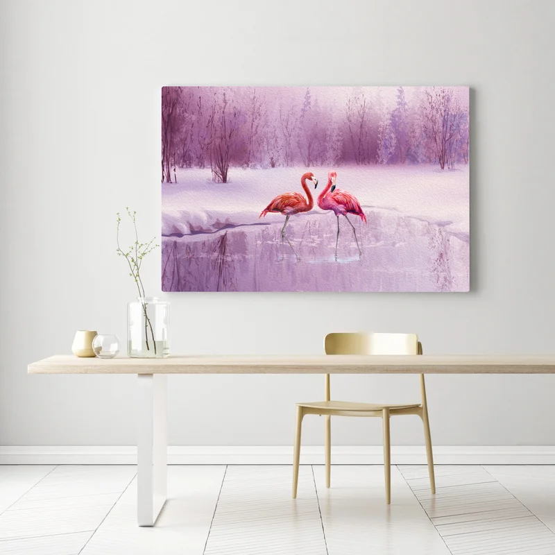 Leinwandbild pastell flamingos über winterlichem see Leinwandbild pastell flamingos über winterlichem see