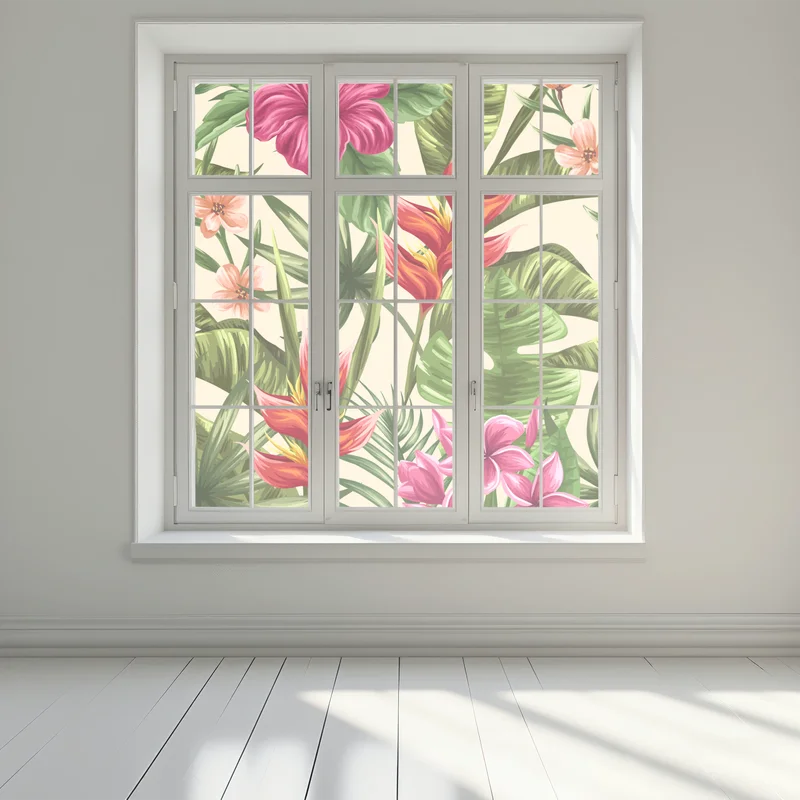 Fensteraufkleber tropisches blumenmuster mit hibiskus und plumeria
