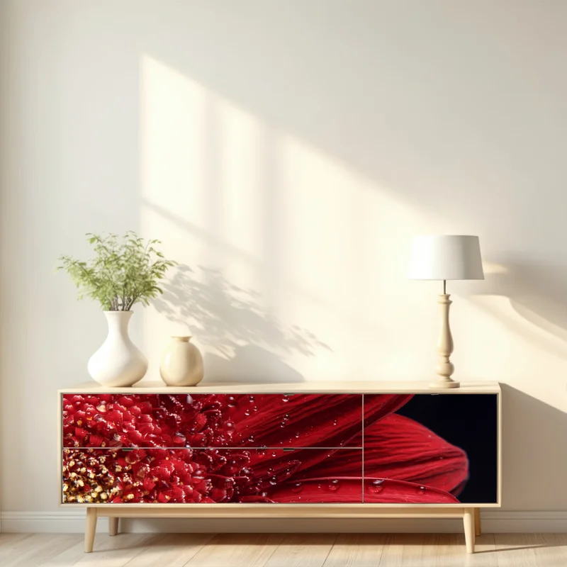 Repositionierbarer Aufkleber rote gerbera makro mit wassertropfen