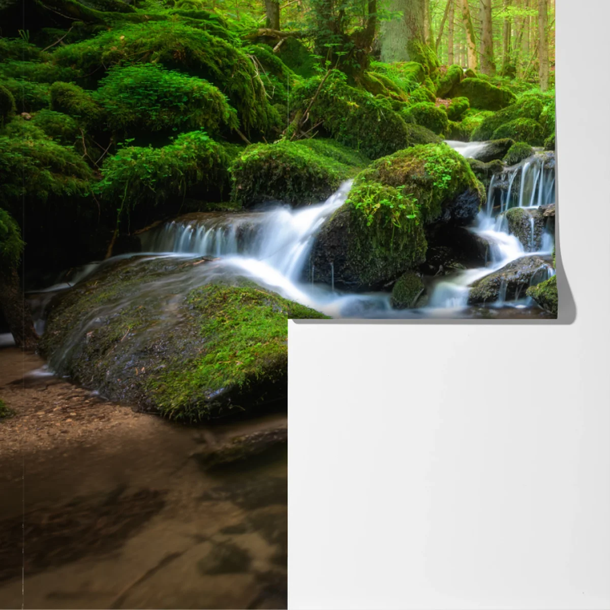 Fototapete ruhiger moosiger waldwasserfall Fototapete ruhiger moosiger waldwasserfall