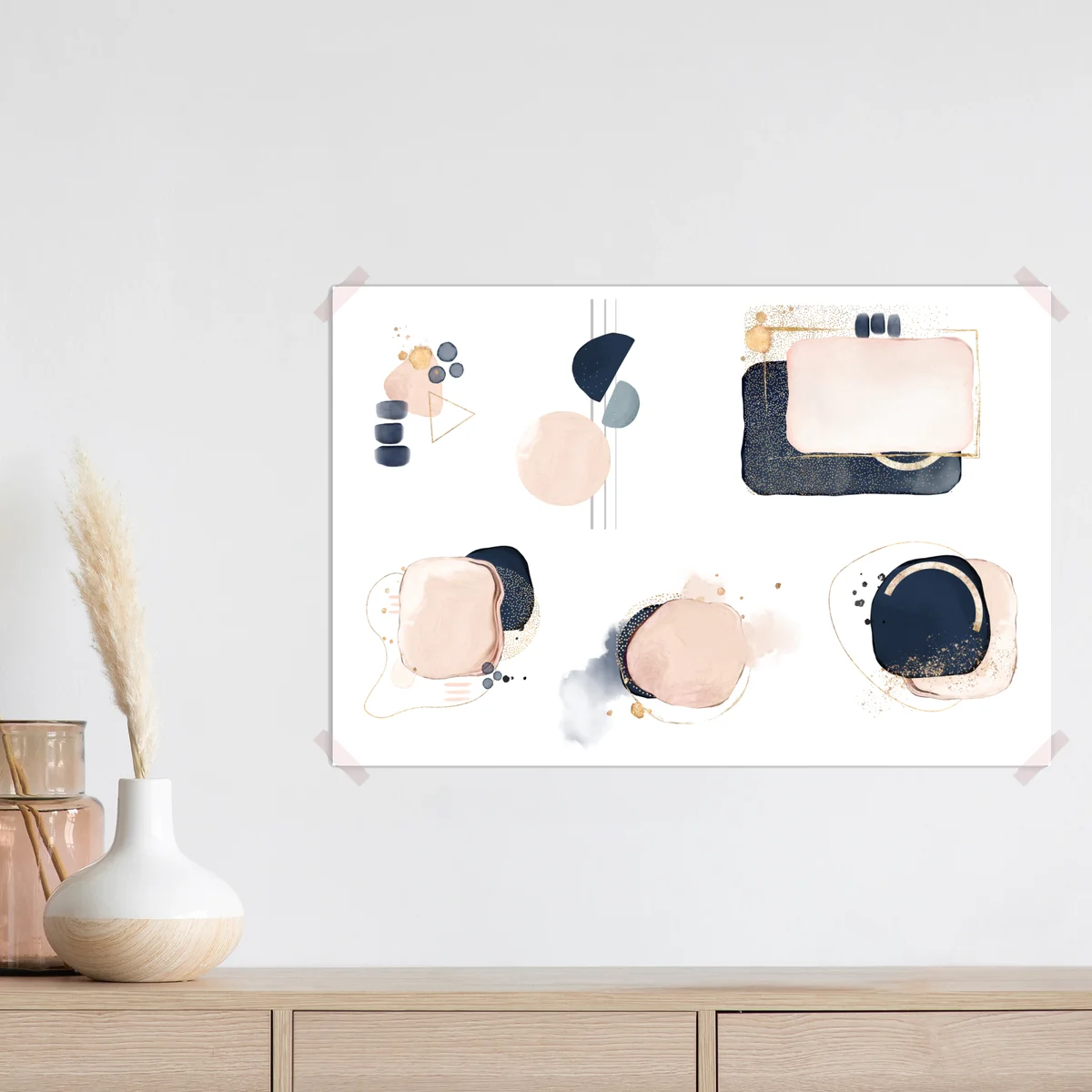 Poster puderrosa aquarell geometrische formen mit goldakzenten • Poster bei Wallnifity® Poster puderrosa aquarell geometrische formen mit goldakzenten • Poster bei Wallnifity®