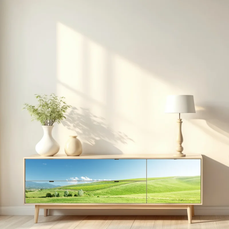 Repositionierbarer Aufkleber ruhige grüne wiesenlandschaft