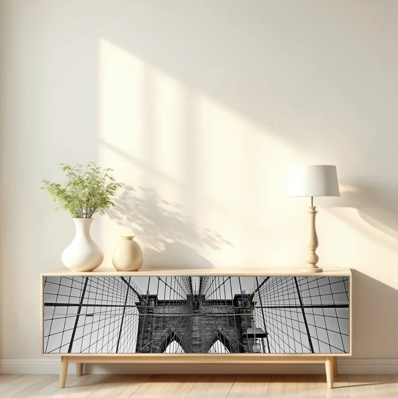 Repositionierbarer Aufkleber symmetrische hängebrücke in schwarzweiß