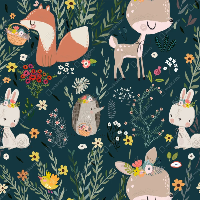Fototapeta leśni przyjaciele - kwiatowy wzór do pokoju dziecięcego Fototapeta leśni przyjaciele - kwiatowy wzór do pokoju dziecięcego