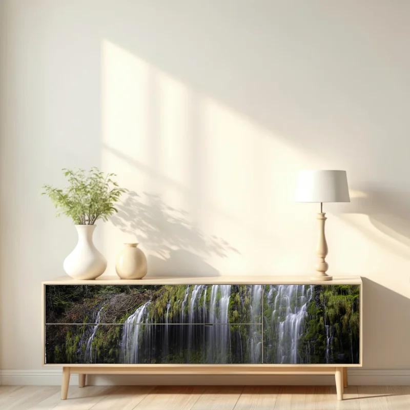 Repositionierbarer Aufkleber moosiger wasserfall im wald