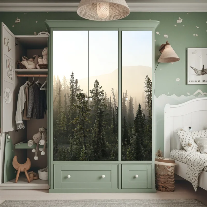 Schrankaufkleber nebliger kiefernwald bei sonnenaufgang