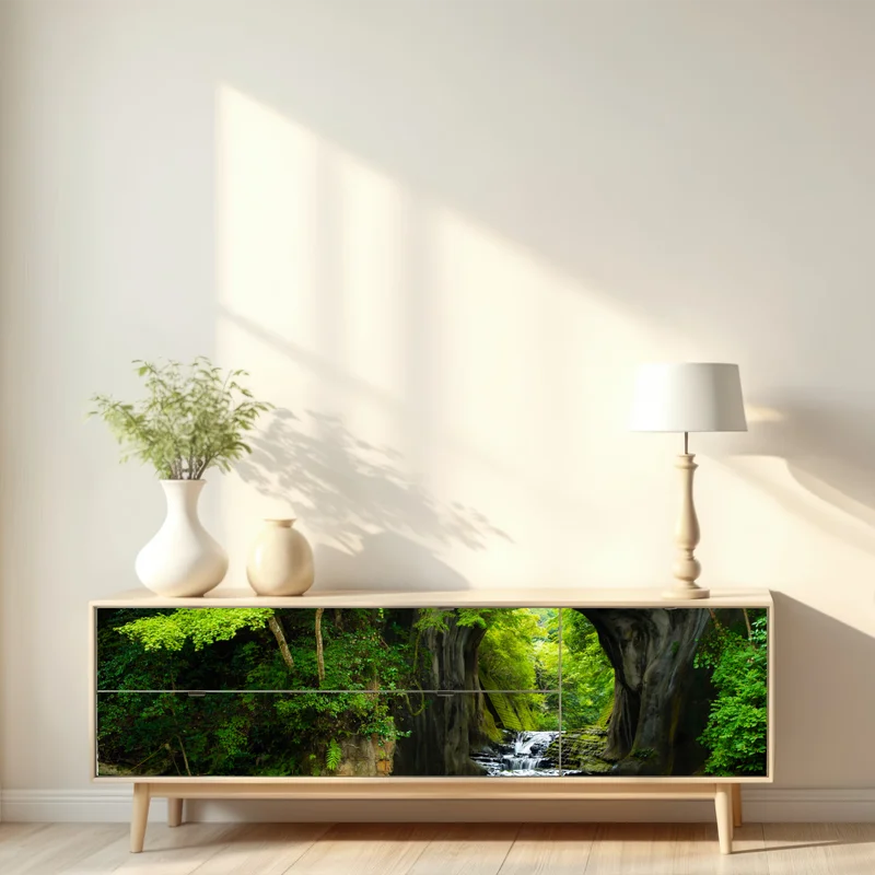 Repositionierbarer Aufkleber geheimer wasserfall im felsbogen