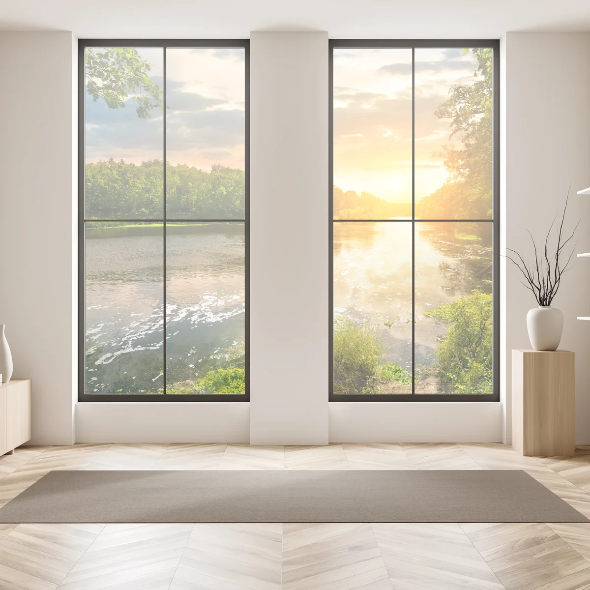 Naklejka na okno spokojny zachód słońca nad rzeką i zielonym lasem Naklejka na okno spokojny zachód słońca nad rzeką i zielonym lasem