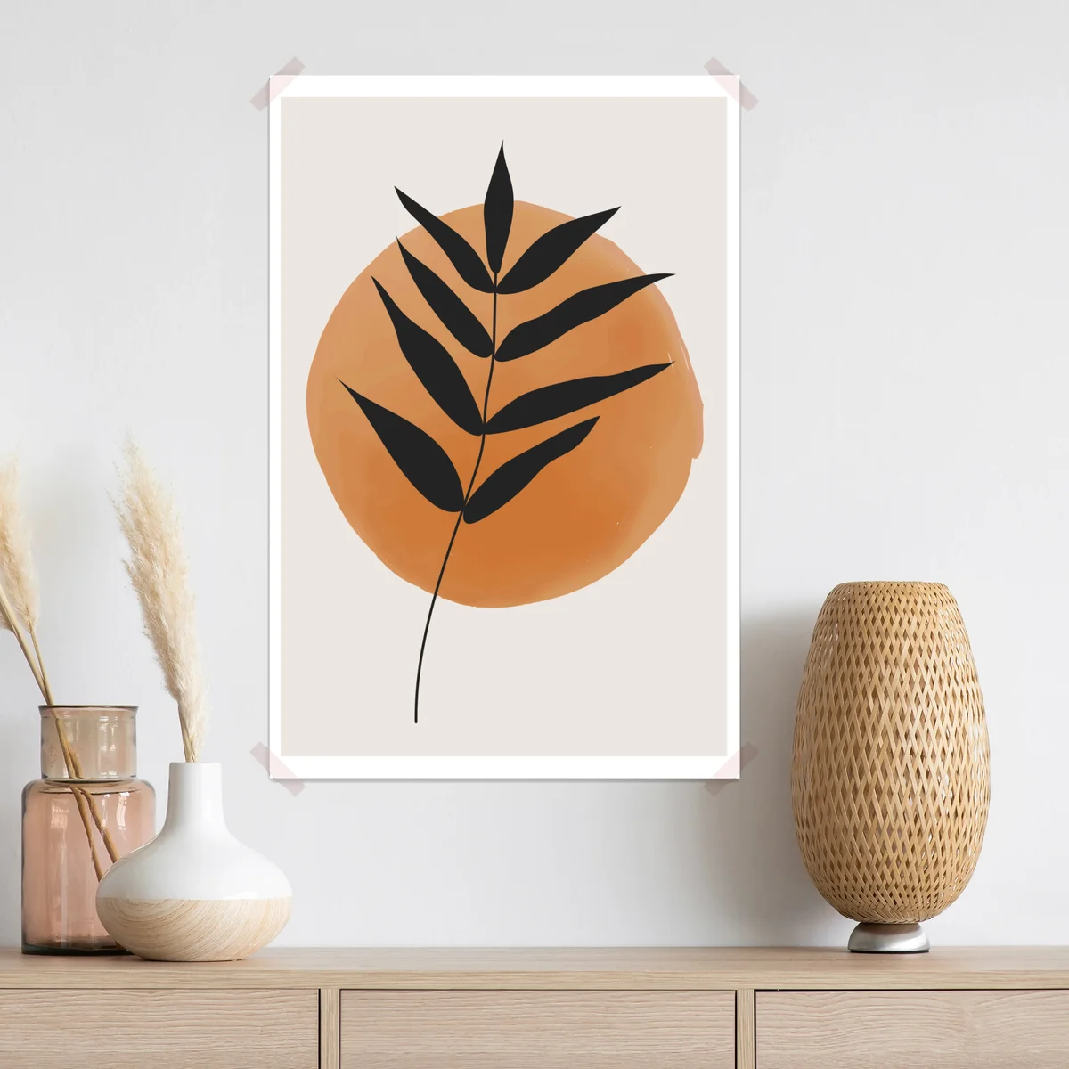 Poster minimalistisches schwarzes blatt auf terrakotta kreis • Poster bei Wallnifity® Poster minimalistisches schwarzes blatt auf terrakotta kreis • Poster bei Wallnifity®