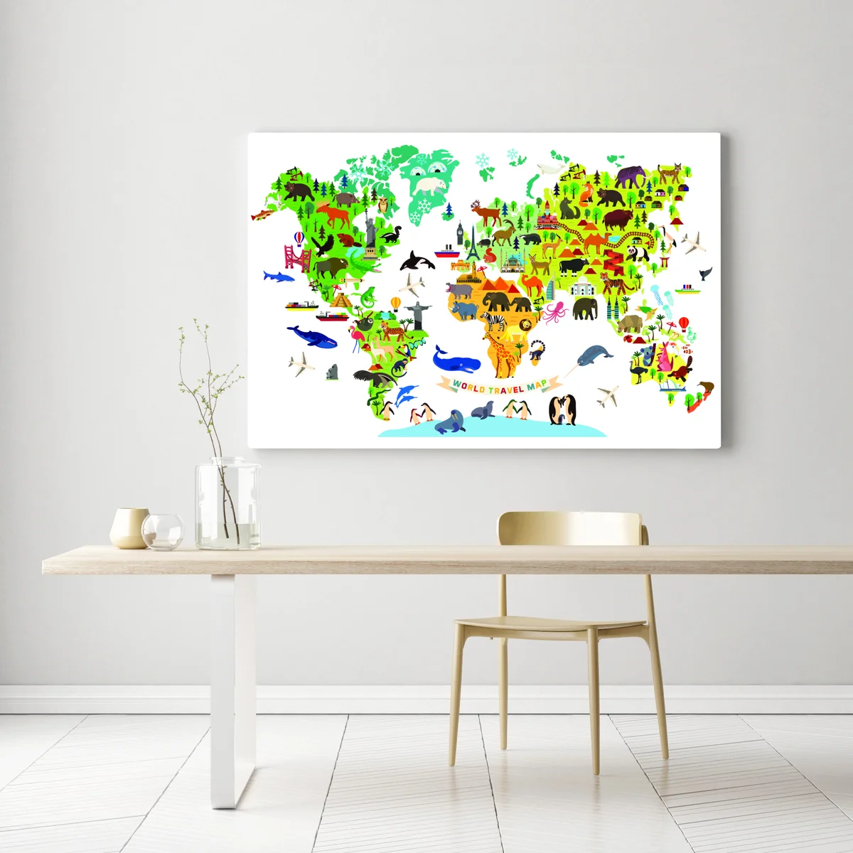 Leinwandbild bunte weltkarte mit tieren Leinwandbild bunte weltkarte mit tieren