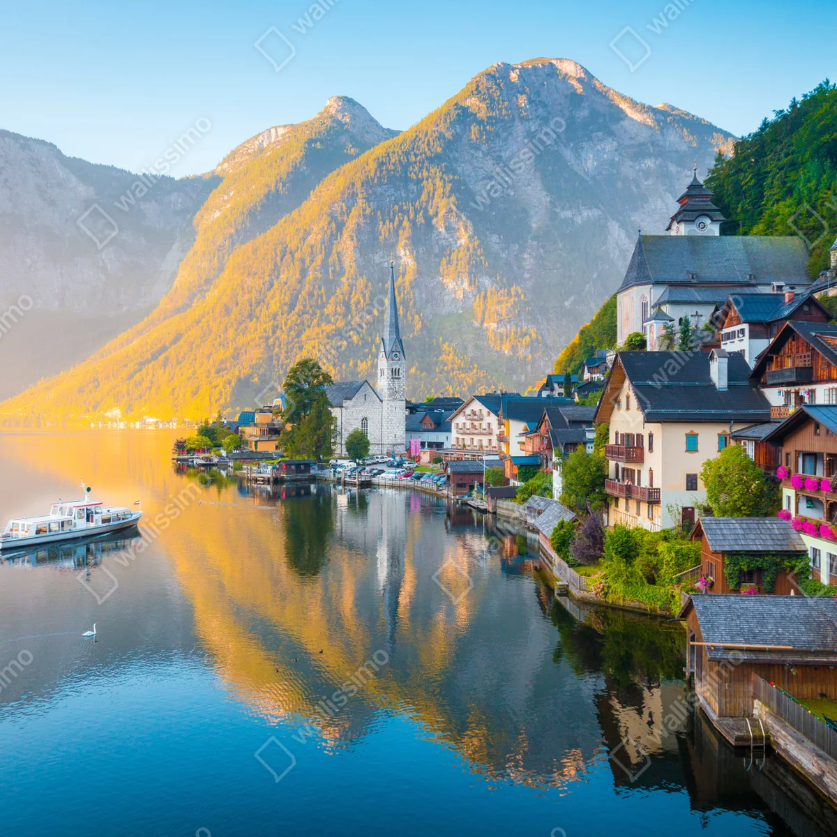 Naklejka na okno poranny blask Hallstatt nad jeziorem Naklejka na okno poranny blask Hallstatt nad jeziorem
