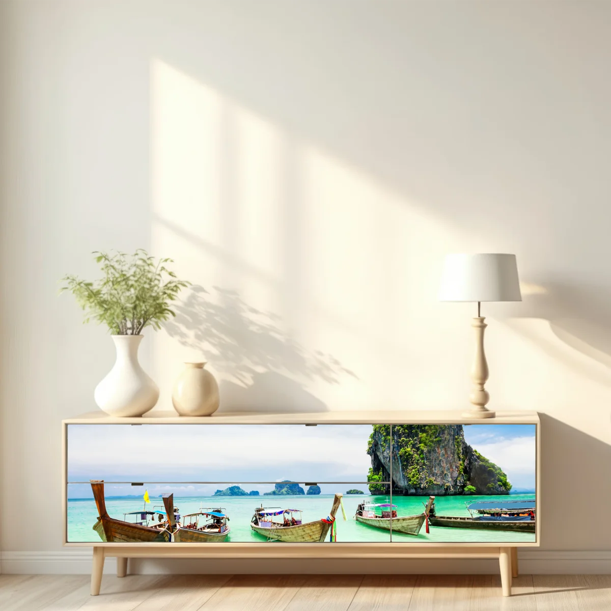 Repositionierbarer Aufkleber tropische longtail-boote am türkisfarbenen strand Repositionierbarer Aufkleber tropische longtail-boote am türkisfarbenen strand